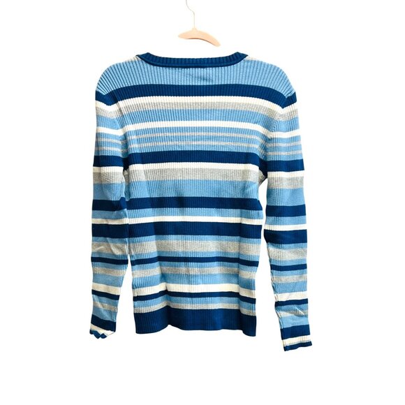 St. John's Bay Women’s LARGE V-Neck Striped Sweater Long Sleeve Blue & White - Picture 2 of 5